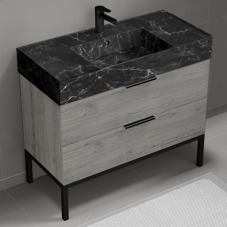 Nameeks DERIN902 Grey Oak Bathroom Vanity With Black Marble Design Sink, Free Standing, Modern, 40 Inch